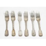 Three silver fiddle pattern table forks, London 1823 and three silver fiddle pattern table forks,