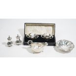 Silver, comprising; a pair of twin handled salts of circular form, Birmingham 1922, cased,