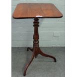 A George III yew wood tripod occasional table, with rectangular top and turned column,