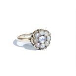 A gold, rose diamond and half pearl set cluster ring,