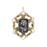 A Victorian rose diamond set and black enamelled mourning pendant,