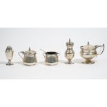 Silver, comprising; a mustard pot and a matching pepperette, decorated with a border of flowers,