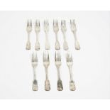 Ten silver fiddle pattern table forks, London 1837, combined weight 717 gms, (10).