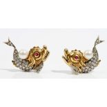 A pair of ruby, cultured pearl and diamond-set earclips Designed as exotic fish,