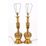 A pair of modern brass table lamps, decorated in the Chinese style, 55cm high.