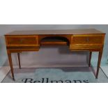 An Edwardian inlaid mahogany spinet converted to a sideboard with two short drawers on tapering