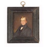 An early 19th portrait miniature depicting a gentleman painted on metal within an ebonised frame,