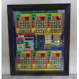 A framed glass wall display made from the reel band sections of a fruit machine,