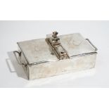 A late Victorian silver rectangular, twin compartment, twin handled table cigar box,