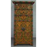 An Eastern polychrome painted tall side cabinet of tapering form,
