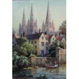 George Ayling (British, 1887-1960), Sunlit spires, Lichfield Cathedral, watercolour, signed,