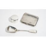 Silver, comprising; a fiddle pattern preserve spoon, Exeter 1855, a circular pill box,