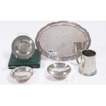 Silver, comprising; a shaped oval small tray, presentation inscribed, detailed Sterling, length 33.