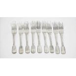 Two fiddle pattern dessert forks, London 1827, three fiddle pattern dessert forks,