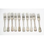 Ten Victorian silver fiddle pattern table forks, London 1838, combined weight 769 gms, (10).