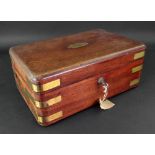 A Victorian campaign style brass bound mahogany box, with sunk side carrying handles,