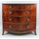 A George III mahogany bowfront chest, with two short and three long drawers, on shaped apron stand,