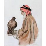 Kathryn Green (British, 20th Century), A man in a head scarf, holding a bird of prey,
