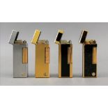 Four Alfred Dunhill lighters, one with brushed finish, one engine turned with repeated lozenges,