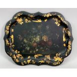 A Victorian black papier mache tray, of serpentine outline, painted with flowers, foliate,