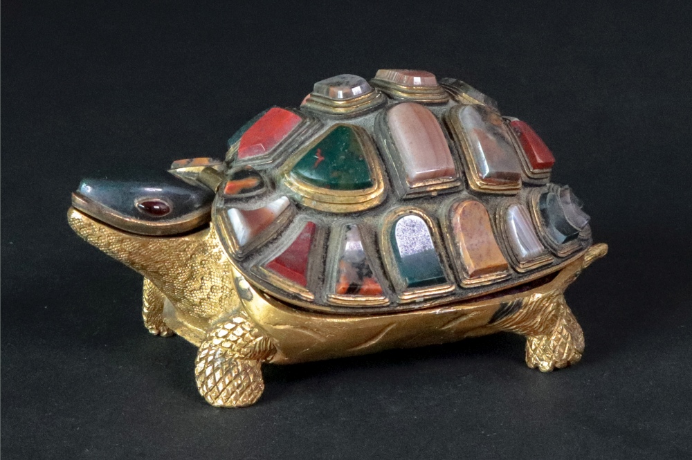 A gilt metal novelty necessaire, probably Italian, 19th century, in the form of a tortoise,