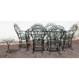 A rectangular green wrought metal garden table, 153cm wide x 77cm deep x 76cm high, lacks glass top,