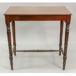 A Regency style mahogany side table, late 19th century, on ring turned legs united by stretchers,