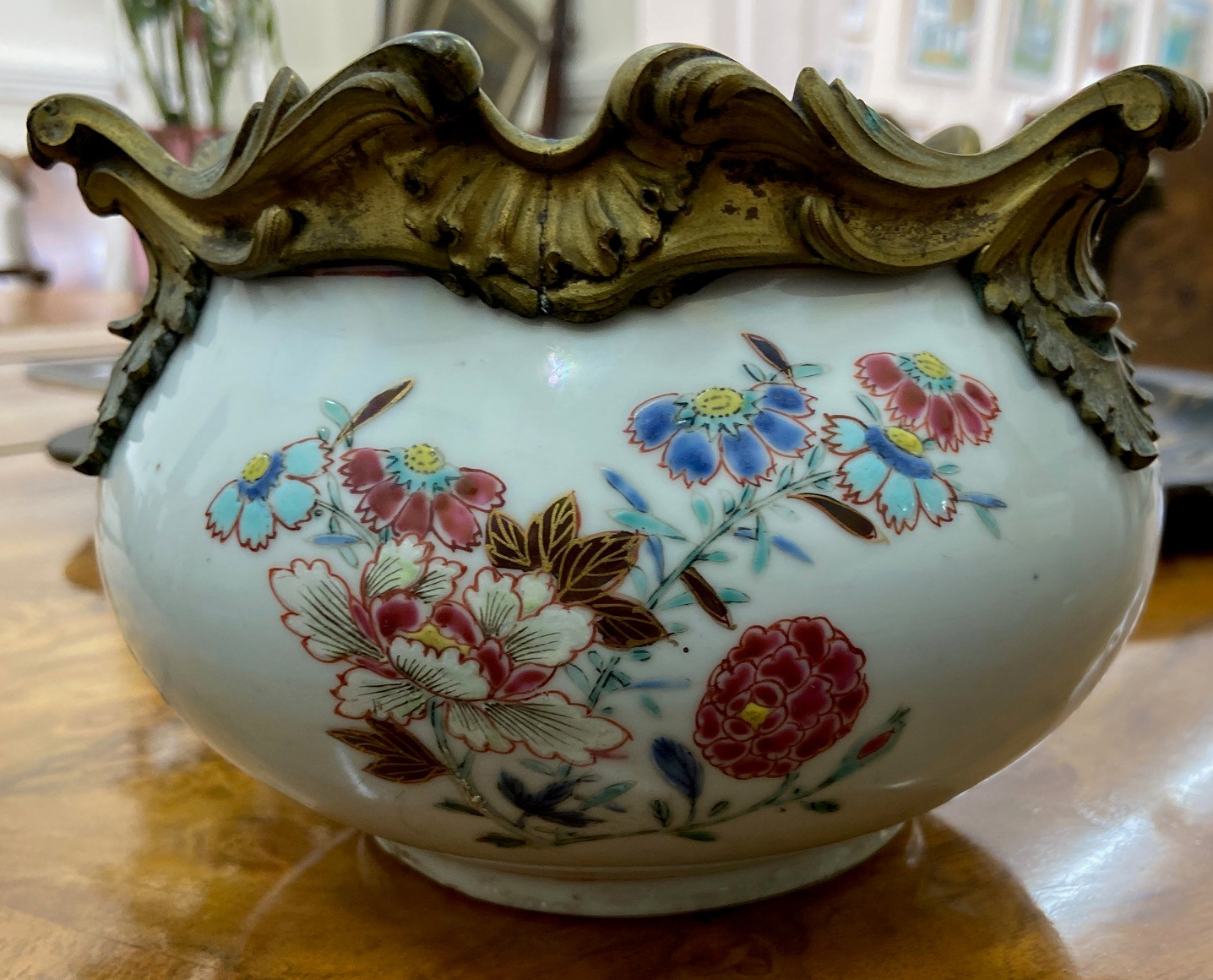 A French gilt metal mounted compressed baluster 'famille-rose' bowl, 19th century, - Image 4 of 5