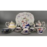 Three Victorian Gaudy Welsh tea cups, saucers and plates, a similar Allertons jug,