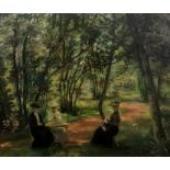 European School, 19th Century, Ladies seated in a woodland, oil on canvas, 45 x 54cm.