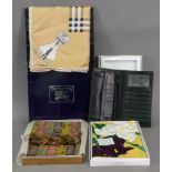 A Burberry pure silk scarf, in card sleeve, two Japanese silk scarves,