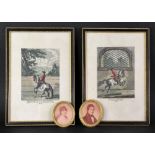 A pair of printed portrait miniatures of