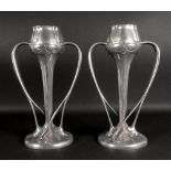 A pair of Art Nouveau Tuderic pewter vases, numbered 2/029, of tulip form,