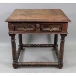 A late 17th century oak side table, with two block moulded front frieze drawers,