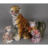 A large Italian ceramic figure of a tiger, 20th century, 60cm high, a studio pottery pitcher,