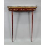 A reproduction Empire style mahogany gilt metal mounted console table, of narrow proportions,