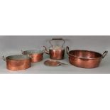 A Victorian circular copper two-handled preserve pan, 45cm across,