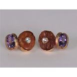 A pair of amethyst, amber and diamond set pendant earrings,