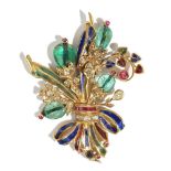 A gold, diamond, ruby, emerald, gem set and enamelled brooch,