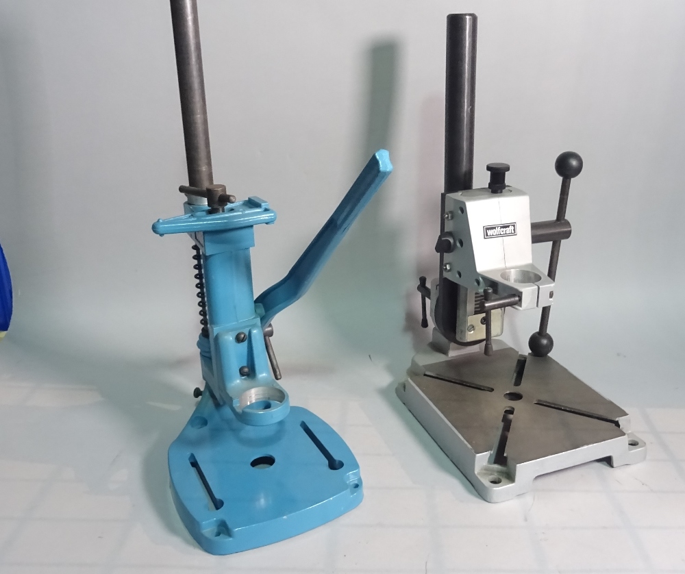 A Draper Cantilever tool box and two pillar drill stands.