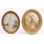 Two oval silkwork tapestries, 18th and 19th century, depicting ladies standing, framed and glazed,