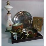 Collectables, including a copper pan, a tankard, a hip flask, a glass oil lamp and sundry.