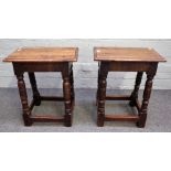 Two similar 17th century style oak joint stools, with moulded rectangular tops,