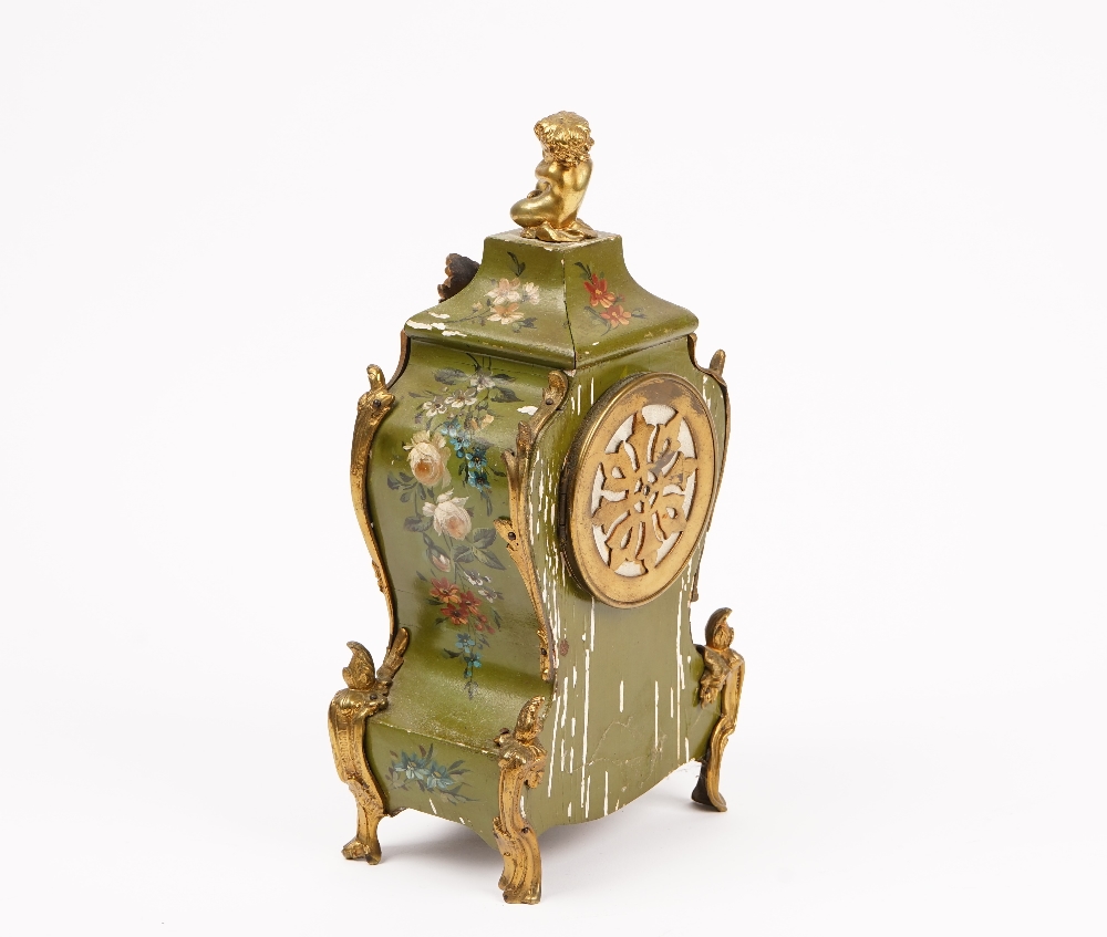 A French green painted mantel clock, 20th century with gilt metal mounts and cherub finial, - Image 3 of 4