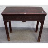 A George III mahogany blind fret carved rectangular fold over tea table,