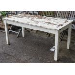 A modern white painted teak rectangular garden table, 150cm wide x 69cm high.