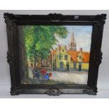 M**van Loocke (20th century), Figures in a square, Bruges, signed, oil on canvas, 58cm x 69cm.