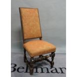 A 19th century continental upholstered side chair on turned supports united by an H frame stretcher,