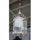 A modern distressed grey painted hall lantern, with an internal three light pendant fitment,