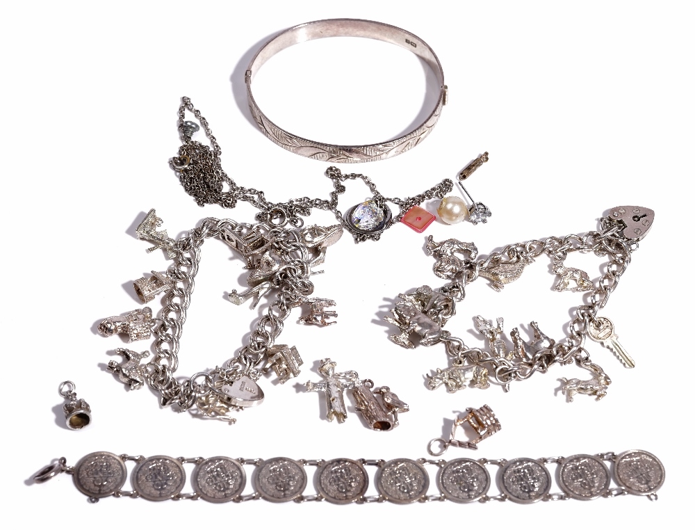 A silver curb link charm bracelet, fitted with eleven charms, including a crocodile,